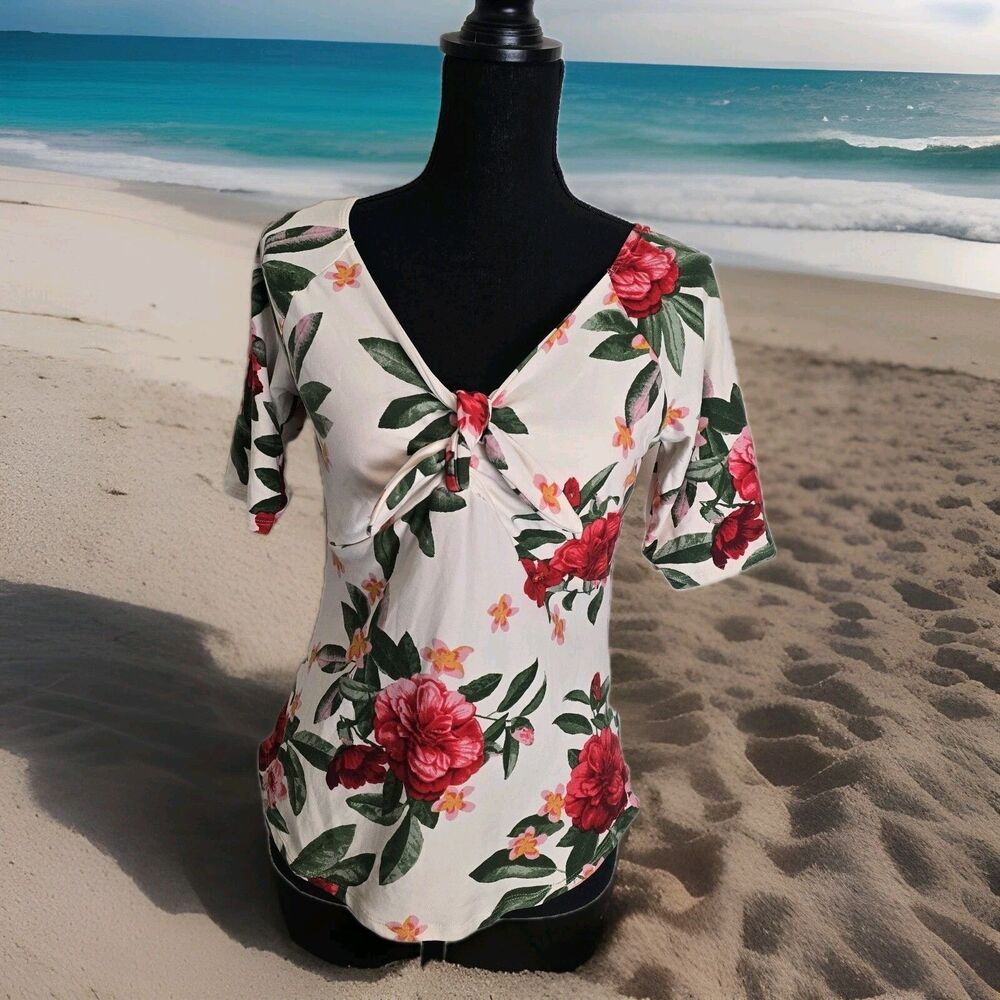 Tropical Floral Blouse Junior Size Large Stretch Tie Front Hawaiian V-Neck